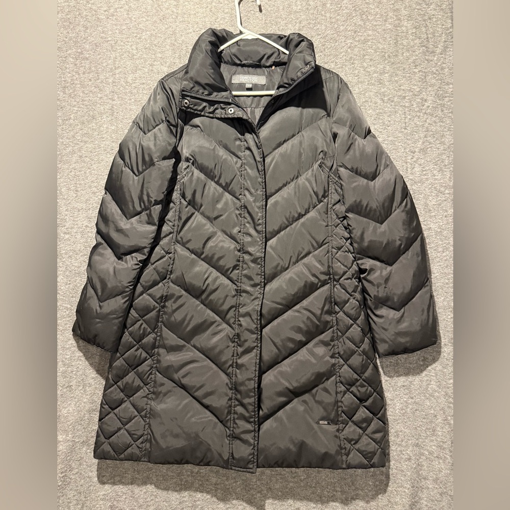 Kenneth Cole Reaction Black Puffer Duck Down Jacket Coat Womens M long full zip